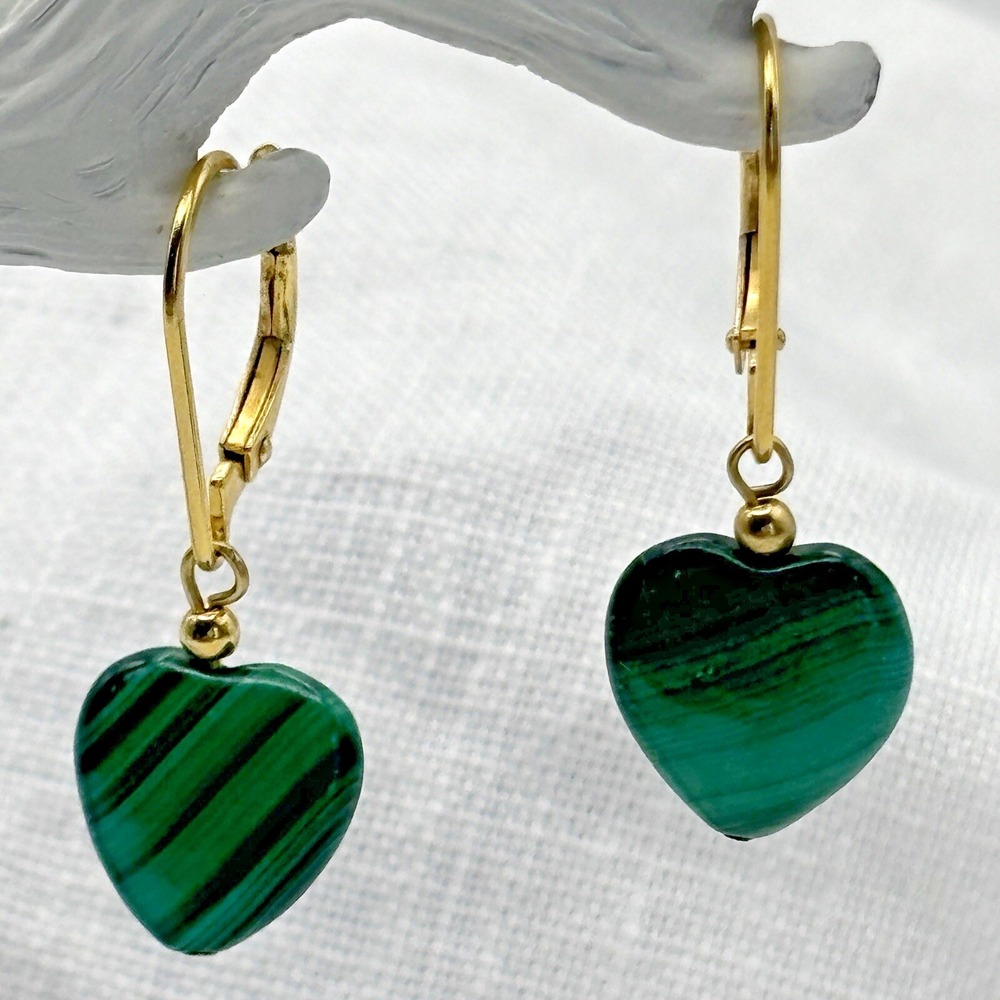 Heart Dangle Pierced Earrings Green Malachite Gold Tone Leverback